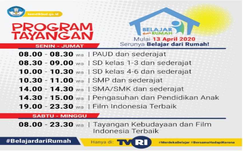 Ragam Program Tayangan "Belajar dari Rumah" di TVRI: https://www.kemdikbud.go.id/main/blog/2020/04/ragam-tayangan-belajar-dari-rumah-di-tvri